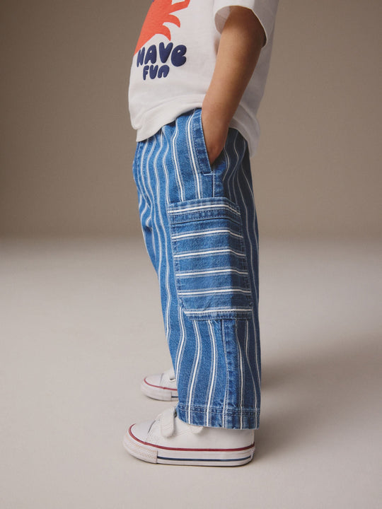 Mid Blue Stripe Wide Leg Pull On Cargo 100% Cotton Jeans (3mths-7yrs)