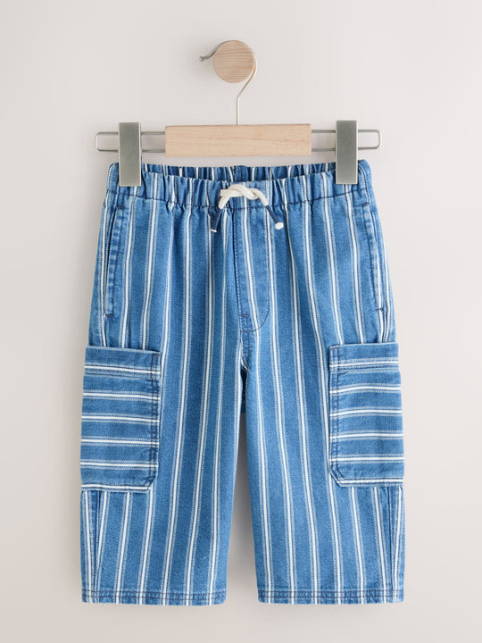 Mid Blue Stripe Wide Leg Pull On Cargo 100% Cotton Jeans (3mths-7yrs)