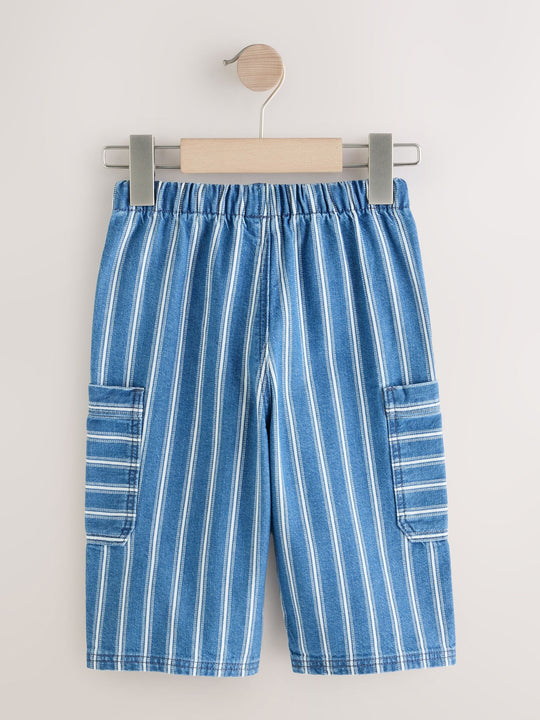 Mid Blue Stripe Wide Leg Pull On Cargo 100% Cotton Jeans (3mths-7yrs)