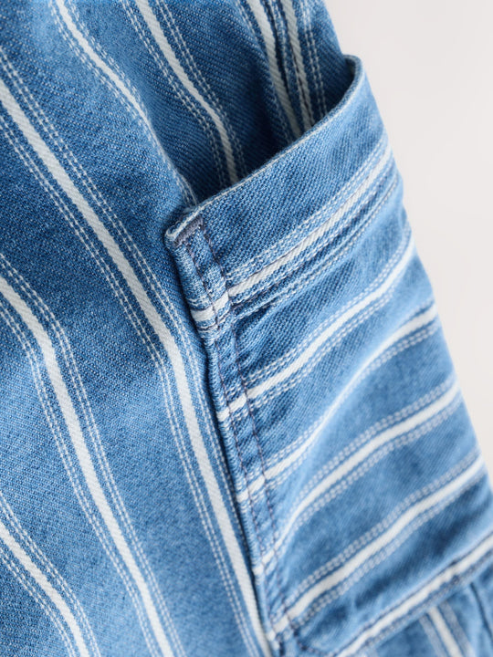 Mid Blue Stripe Wide Leg Pull On Cargo 100% Cotton Jeans (3mths-7yrs)