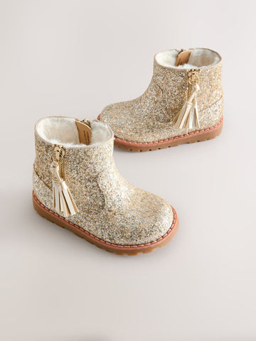 Gold Glitter Wide Fit (G) Chelsea Zip Tassel Ankle Boots