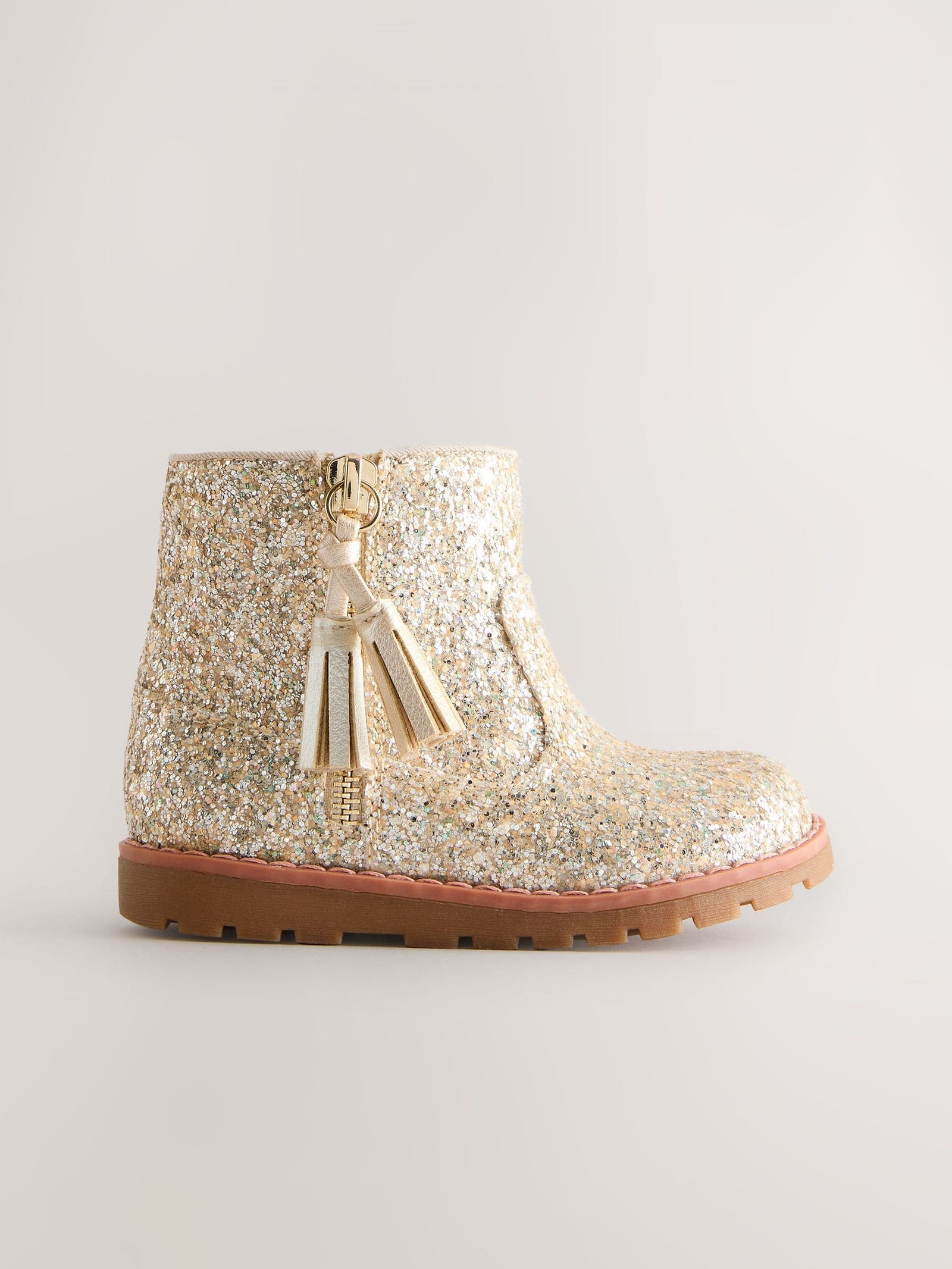 Gold Glitter Wide Fit (G) Chelsea Zip Tassel Ankle Boots