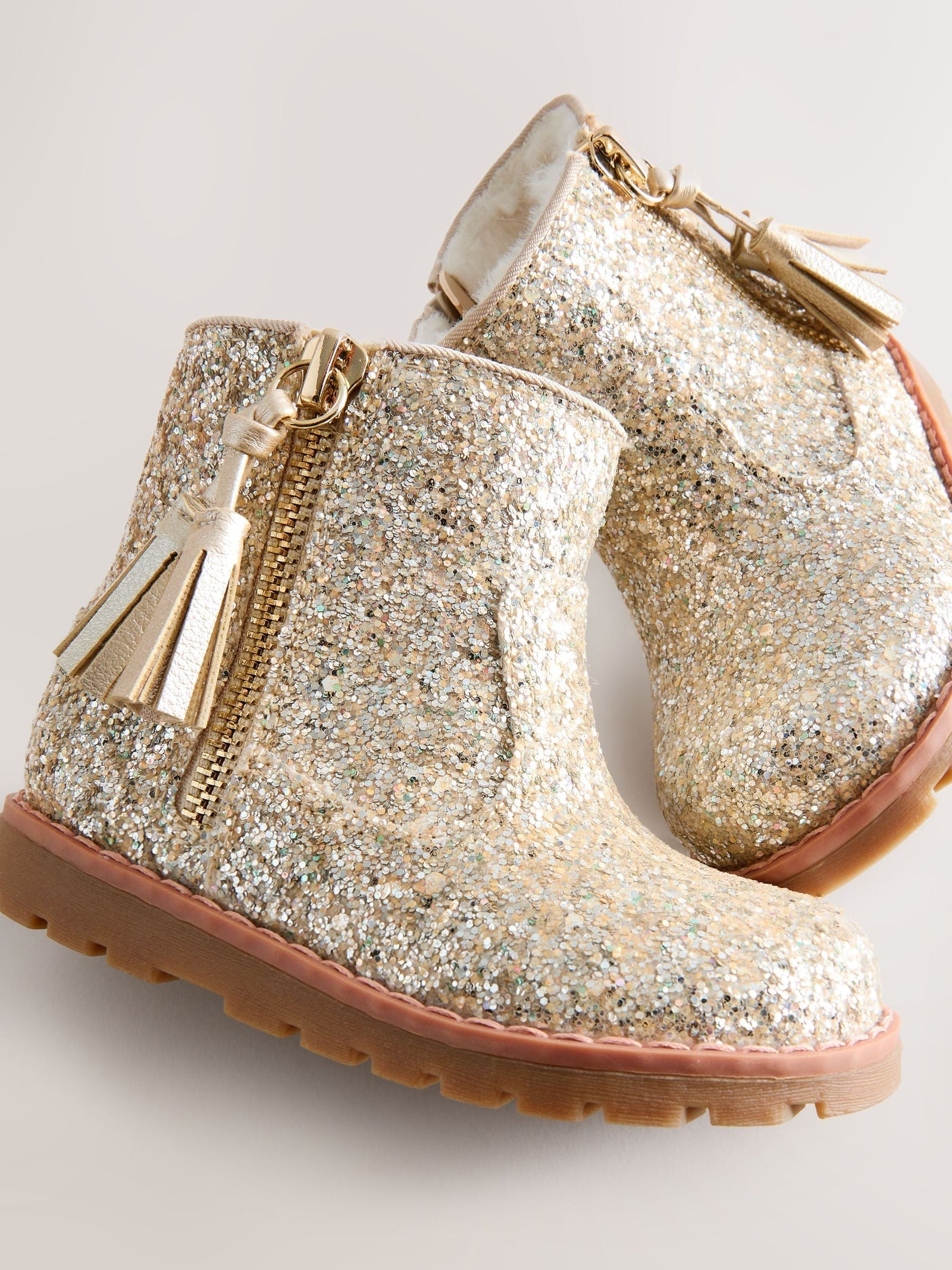Gold Glitter Wide Fit (G) Chelsea Zip Tassel Ankle Boots
