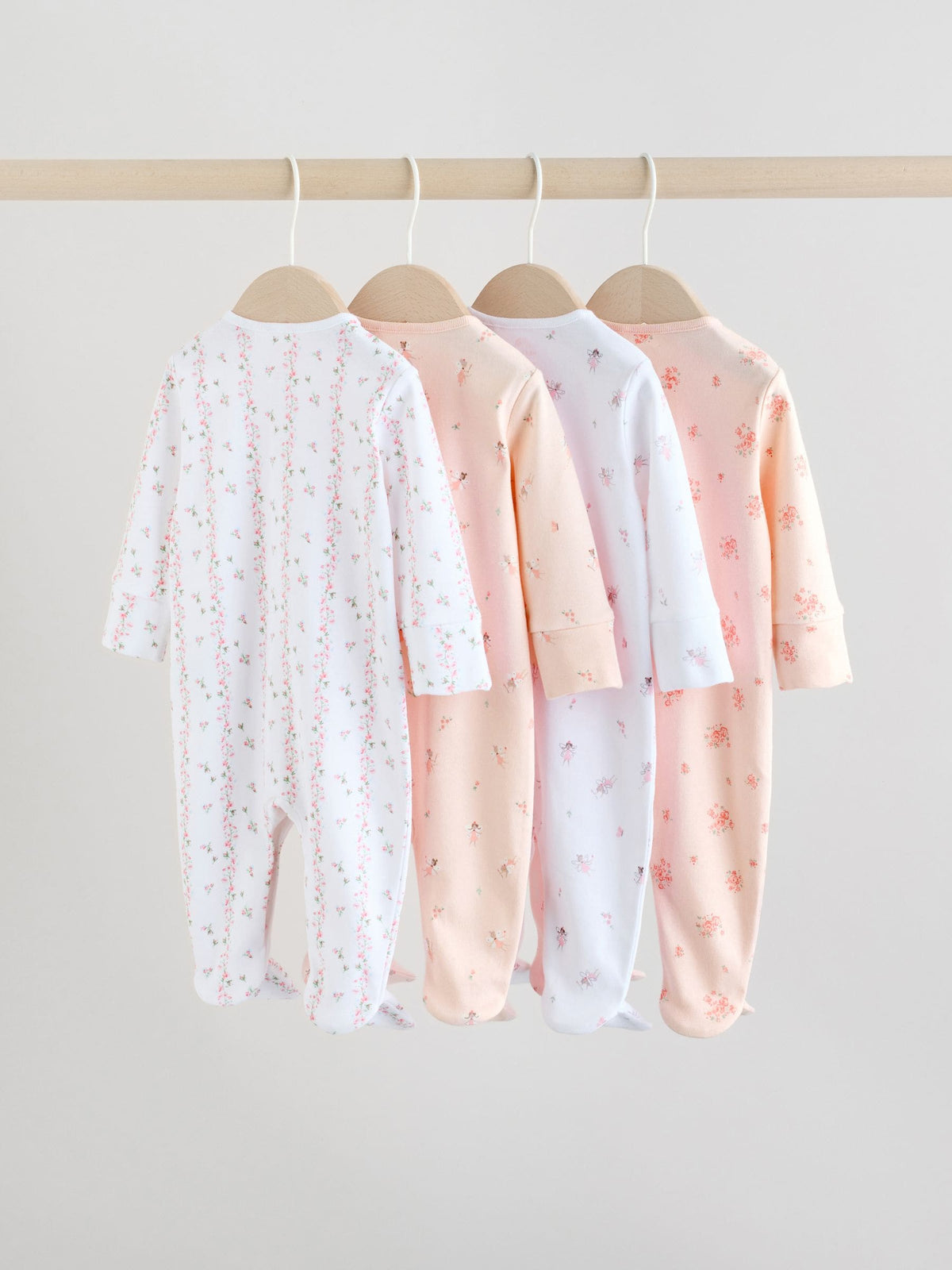 White/Pink 4 Pack Baby Sleepsuit (0-2yrs)