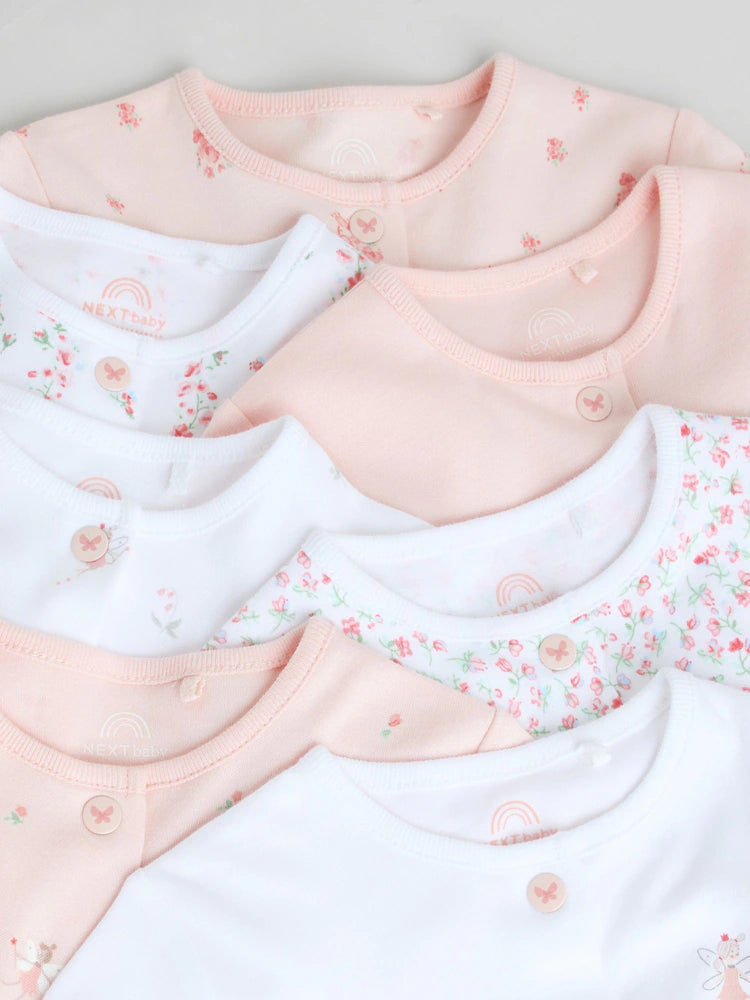 White/Pink 7 Pack Baby Sleepsuit (0-2yrs)