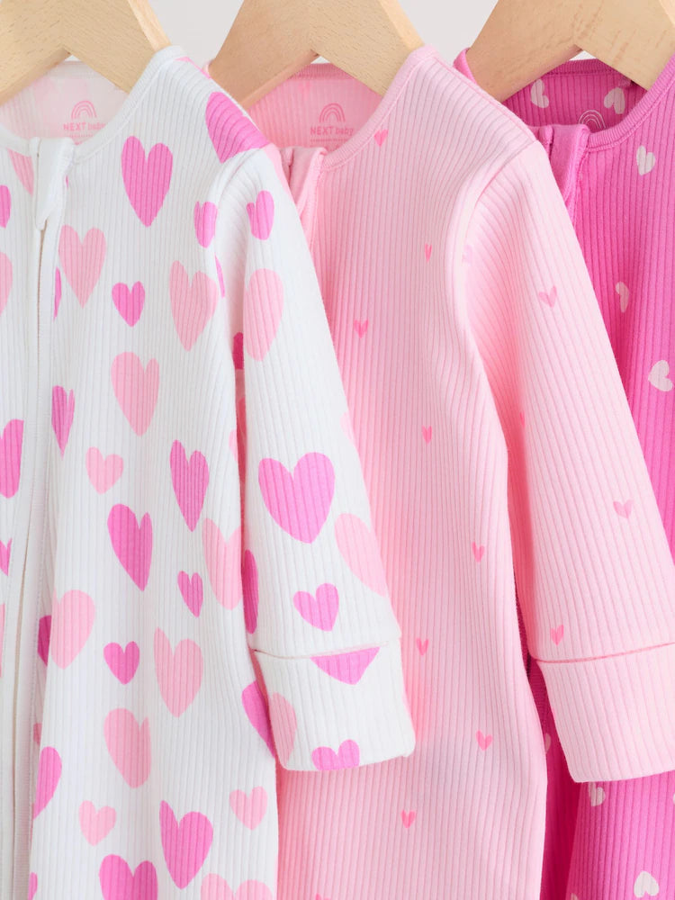 Pink 3 Pack Two Way Zip Baby Sleepsuits (0-2yrs)