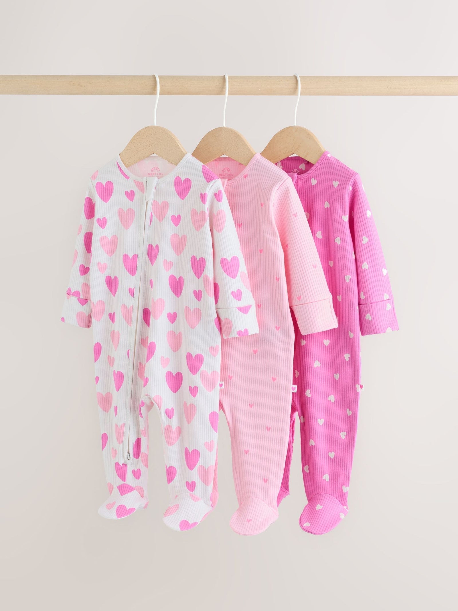 Pink 3 Pack Two Way Zip Baby Sleepsuits (0-2yrs)