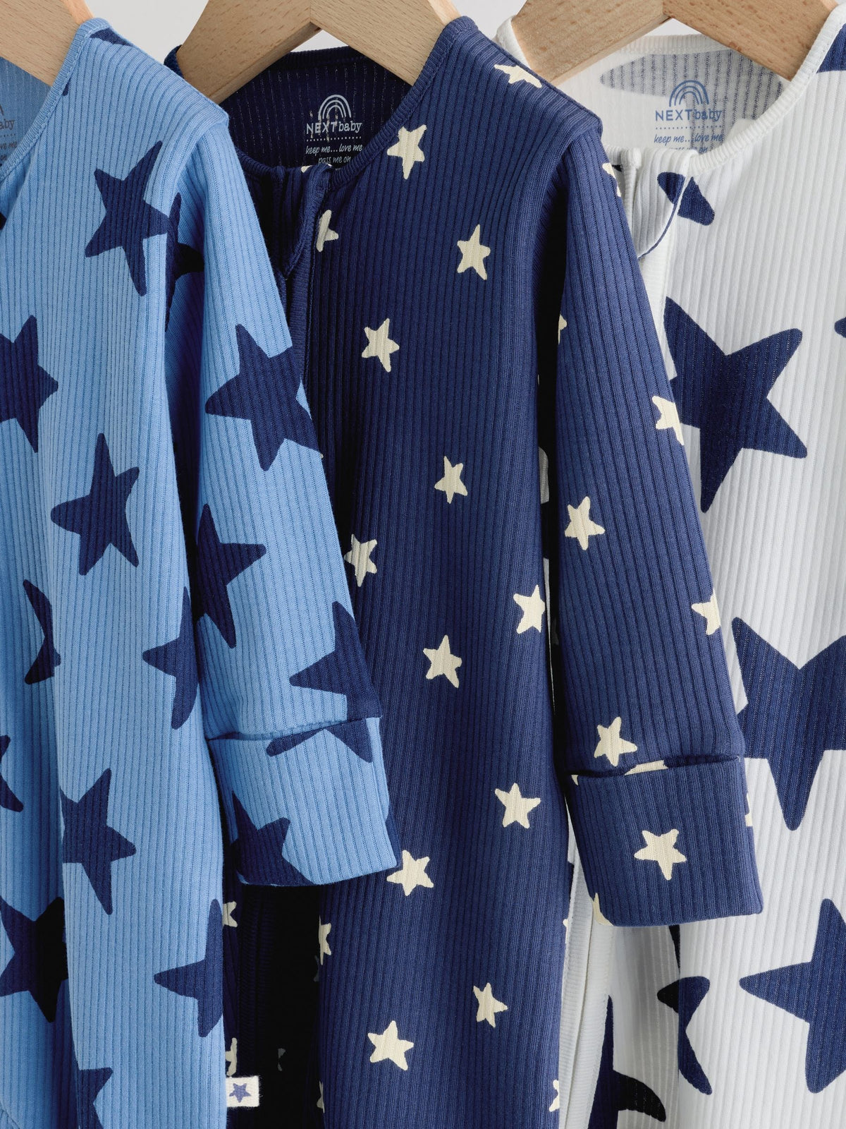 Navy Star Two Way Zip Baby Sleepsuits 3 Pack (0-2yrs)