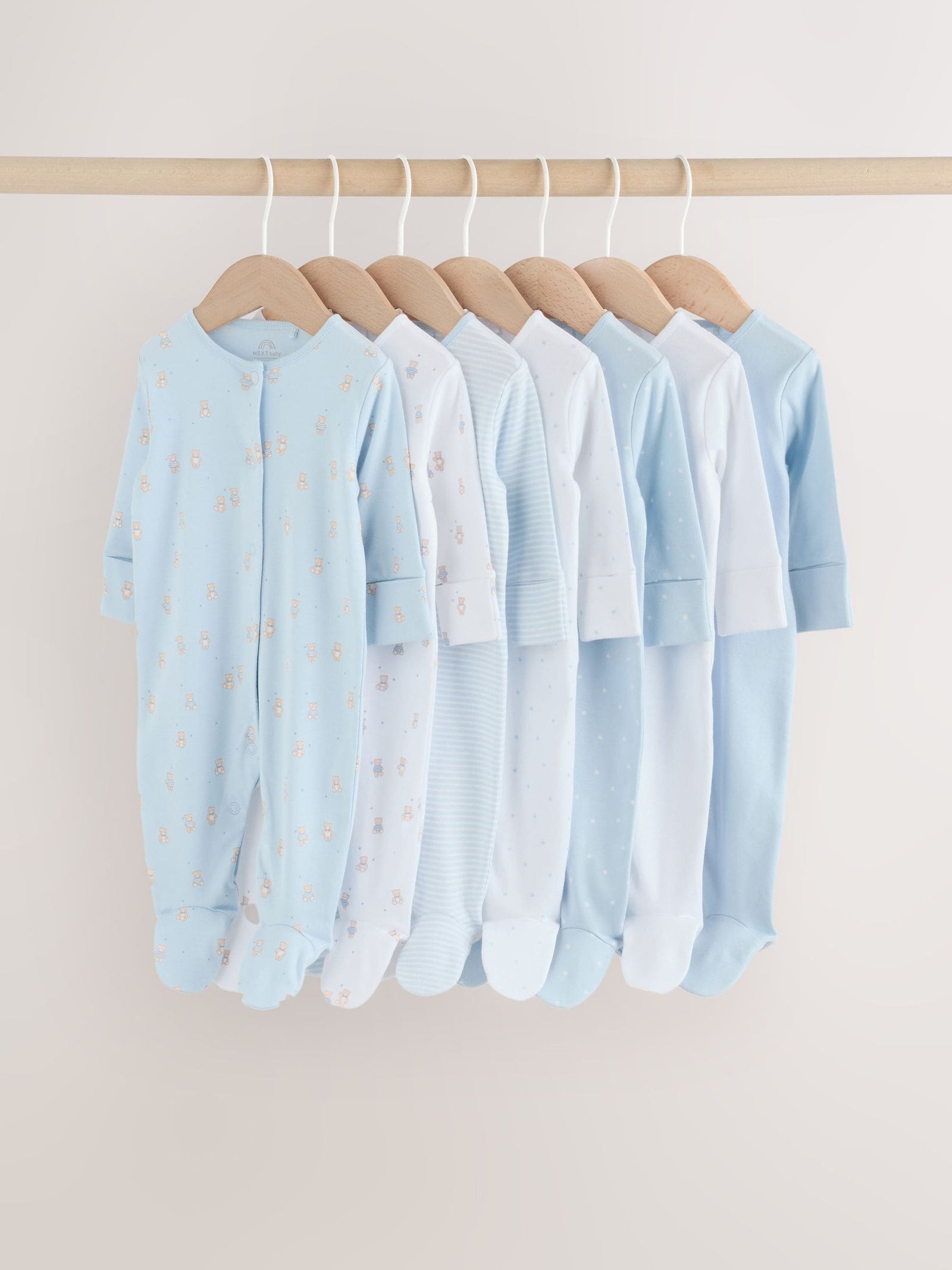 Blue 7 Pack Baby Bear Sleepsuit