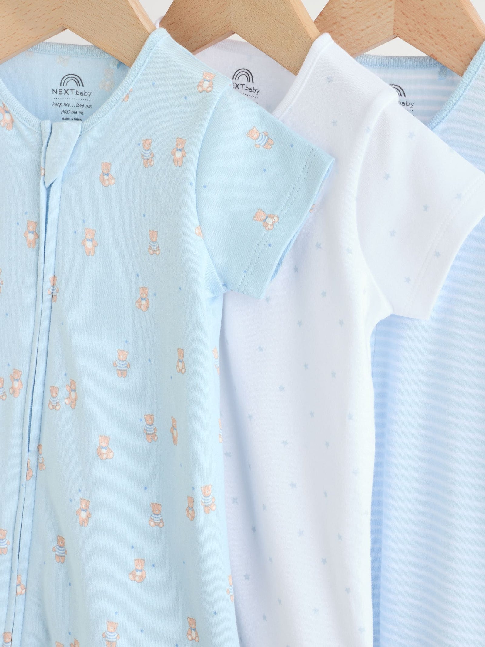 Blue Two Way Zip Baby Rompers 3 Pack (0mths-3yrs)