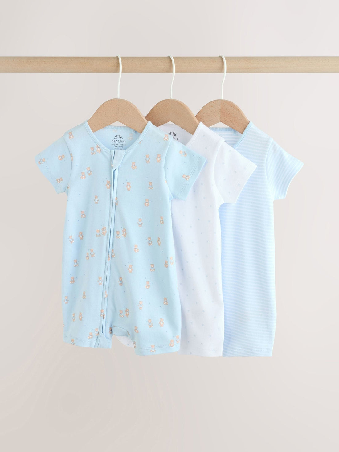 Blue Two Way Zip Baby Rompers 3 Pack