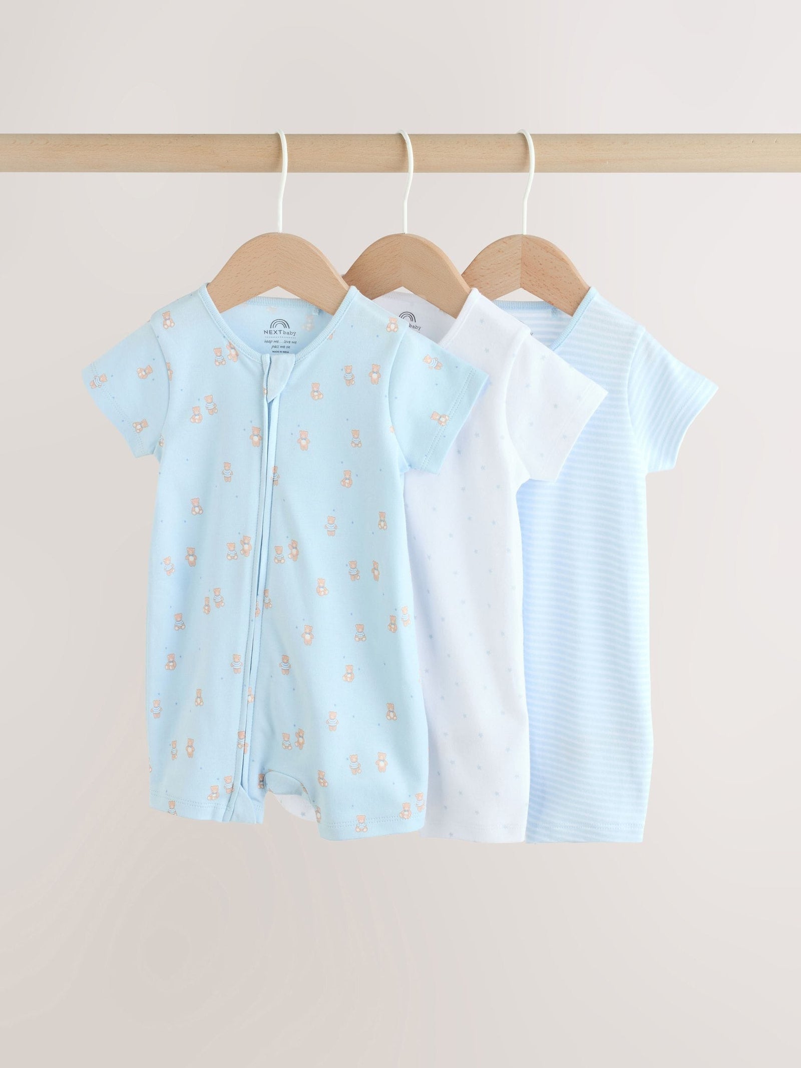 Blue Two Way Zip Baby Rompers 3 Pack