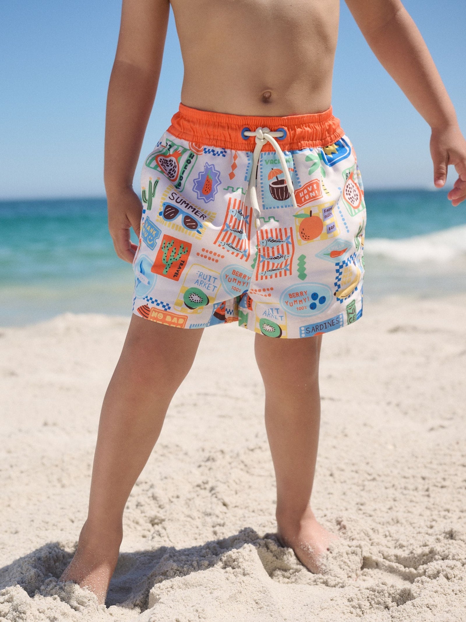 White Postcard Printed Swim Shorts (3mths-7yrs)