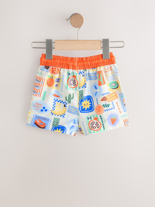 White Postcard Printed Swim Shorts (3mths-7yrs)