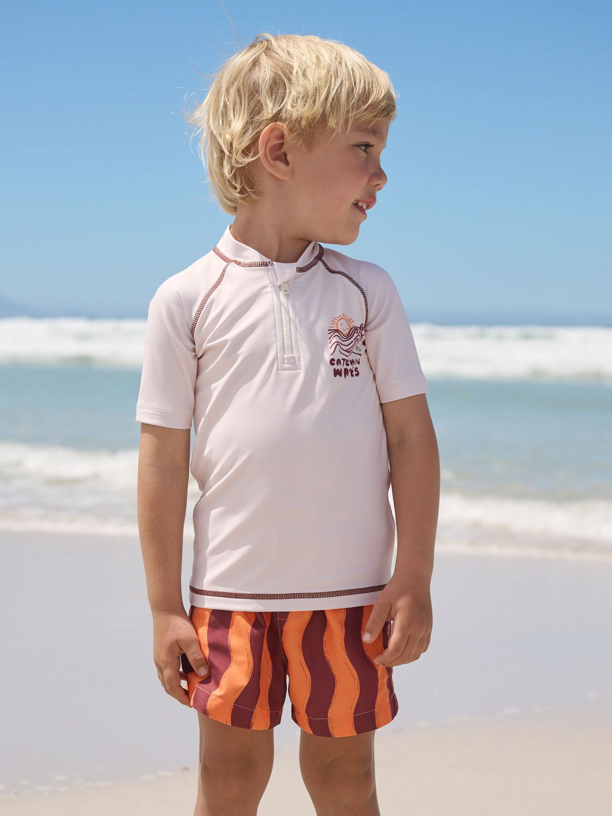 Orange/Ecru Short Sleeve Sunsafe Rash Vest and Swim Shorts Set (3mths-7yrs)