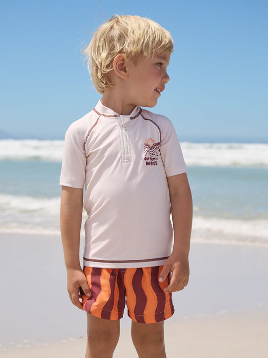 Orange/Ecru Short Sleeve Sunsafe Rash Vest and Swim Shorts Set (3mths-7yrs)