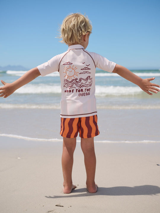 Orange/Ecru Short Sleeve Sunsafe Rash Vest and Swim Shorts Set (3mths-7yrs)