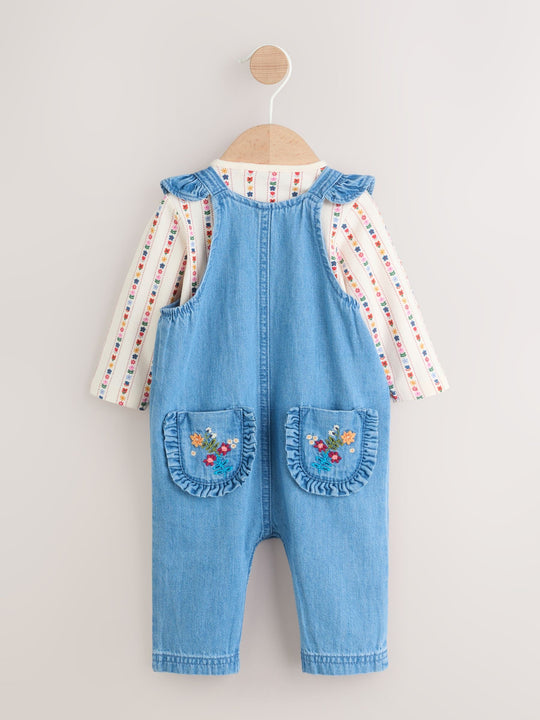 Embroidered Denim Dungarees and Long Sleeve Bodysuit Set 2 Piece (0mths-3yrs)
