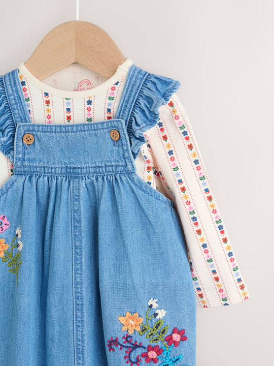 Embroidered Denim Dungarees and Long Sleeve Bodysuit Set 2 Piece (0mths-3yrs)