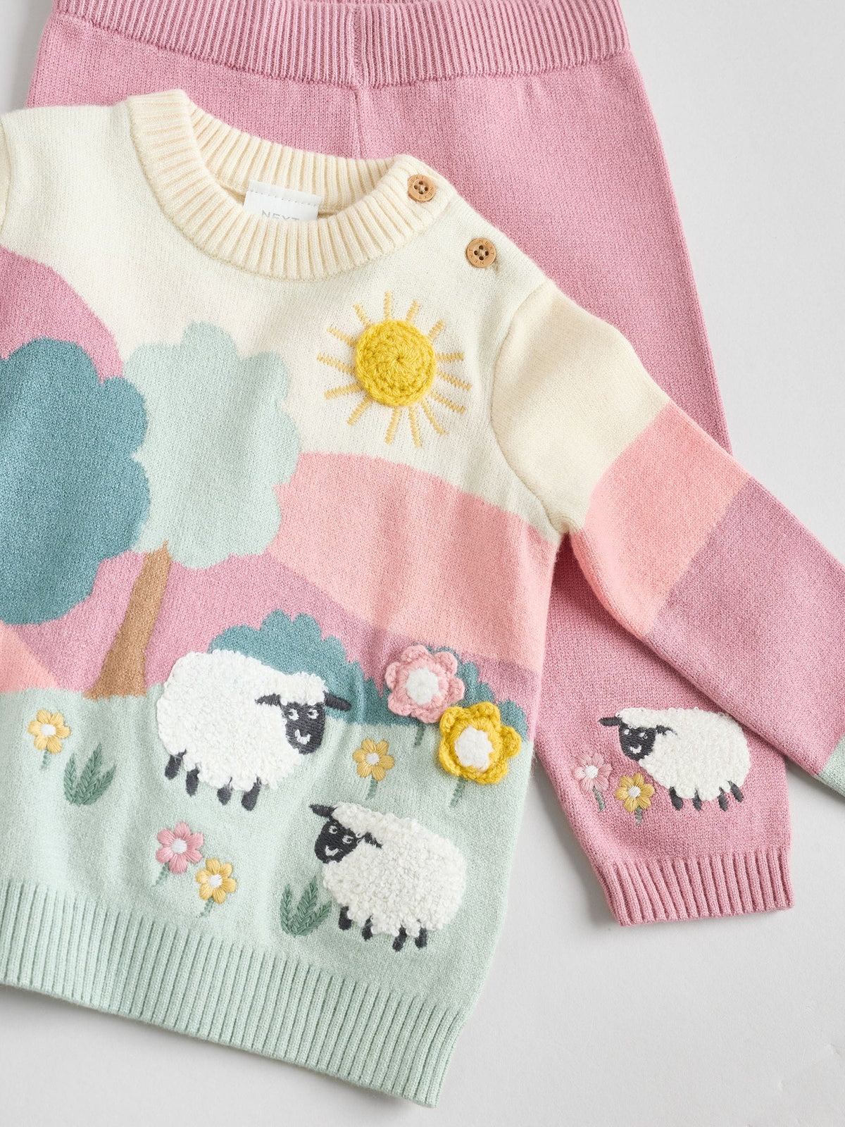 Pink Sheep Scene Baby Knitted Jumper and Leggings Set 2 Piece (0mths-2yrs)