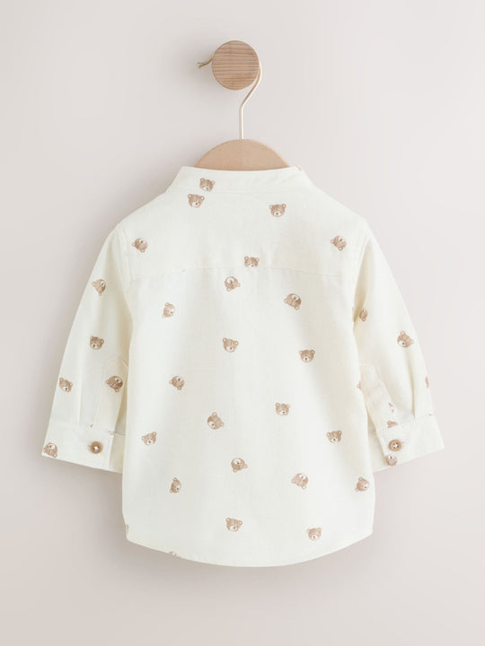 Ecru Bear Long Sleeve Grandad Collar All-Over Print Character Shirt (3mths-7yrs)