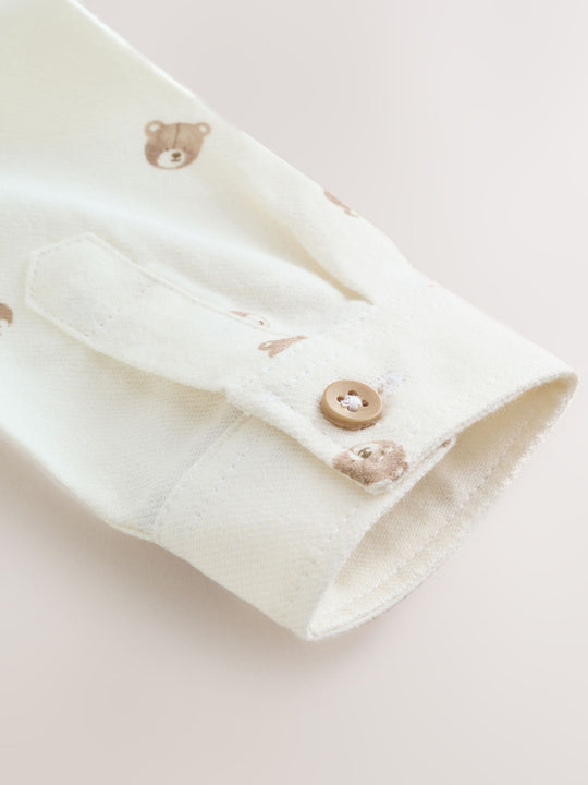 Ecru Bear Long Sleeve Grandad Collar All-Over Print Character Shirt (3mths-7yrs)