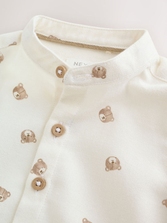 Ecru Bear Long Sleeve Grandad Collar All-Over Print Character Shirt (3mths-7yrs)