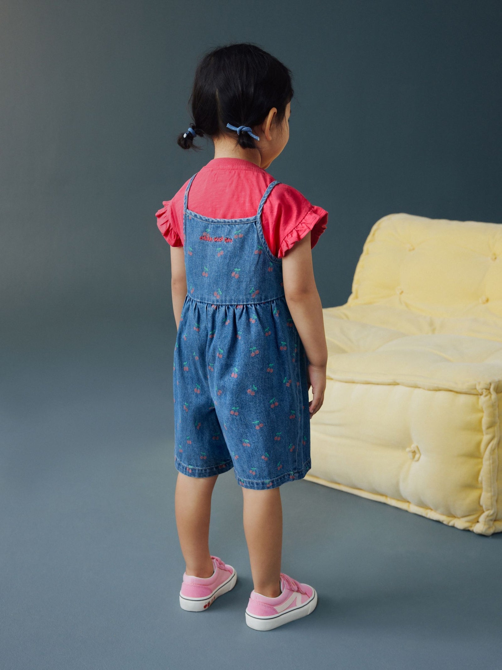 Dark Blue Cherry Printed Denim Playsuit and T-Shirt (3mths-7yrs)