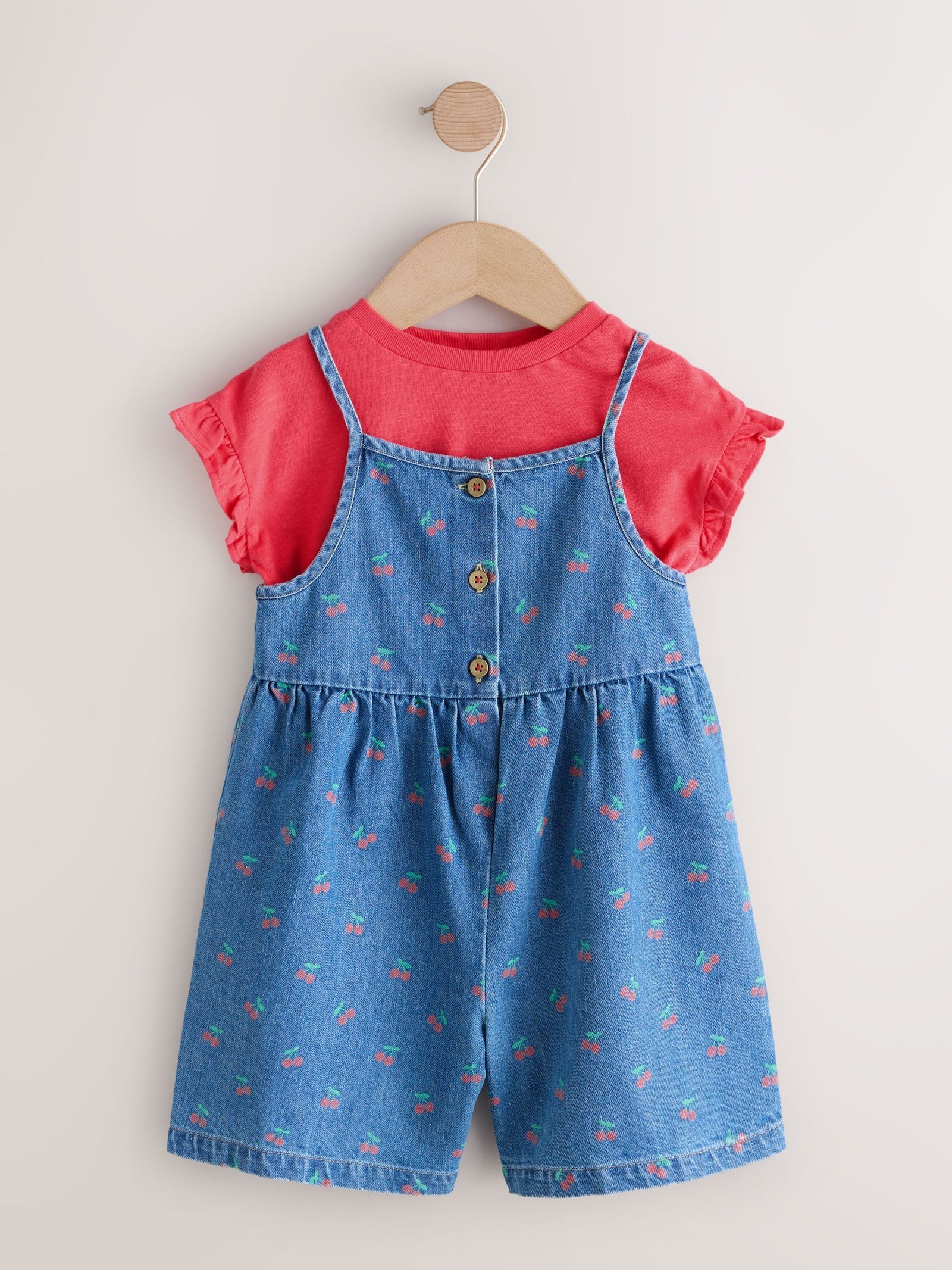 Dark Blue Cherry Printed Denim Playsuit and T-Shirt (3mths-7yrs)