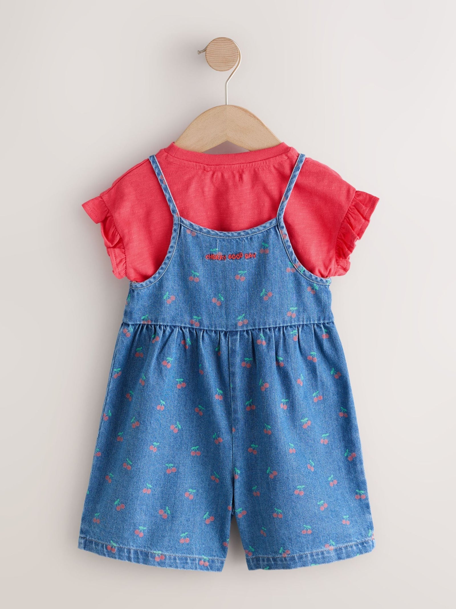 Dark Blue Cherry Printed Denim Playsuit and T-Shirt (3mths-7yrs)