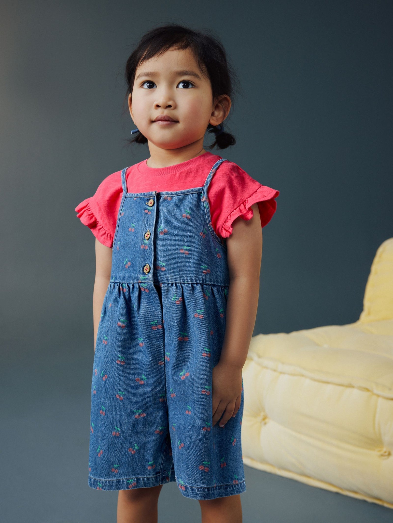 Dark Blue Cherry Printed Denim Playsuit and T-Shirt (3mths-7yrs)