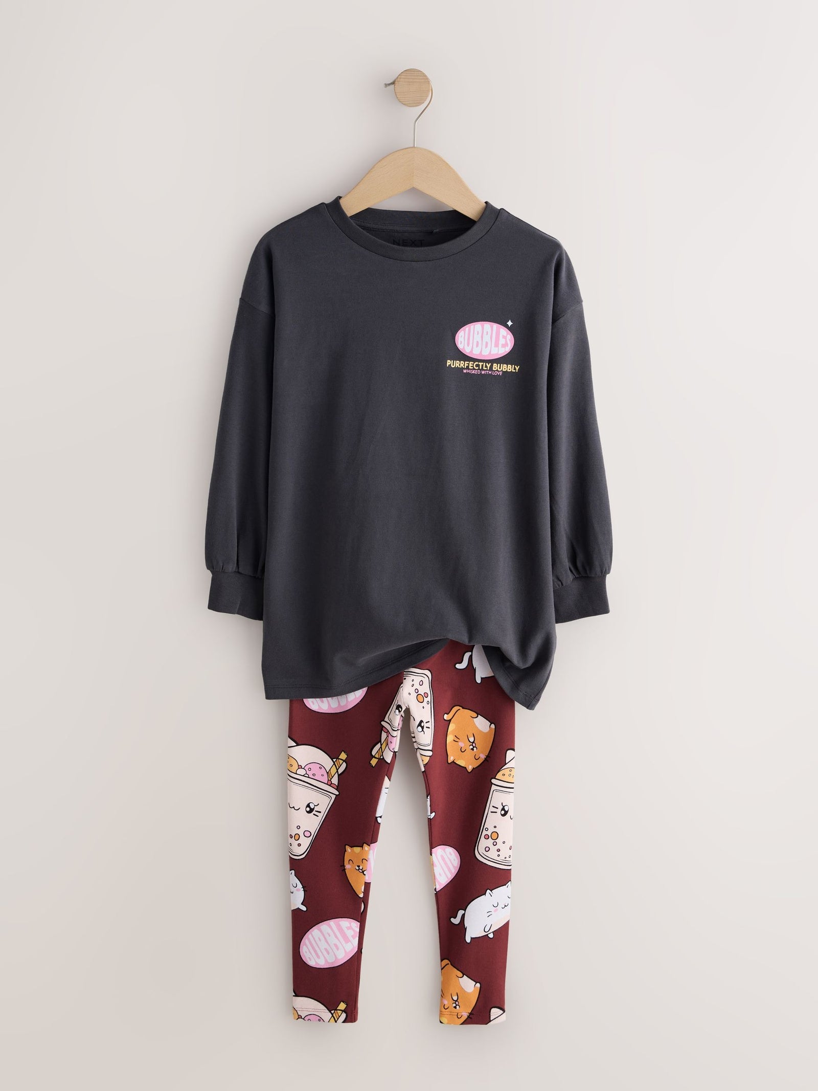 Charcoal Grey Bubble Tea Graphic Print Top and Leggings Set (3-16yrs)