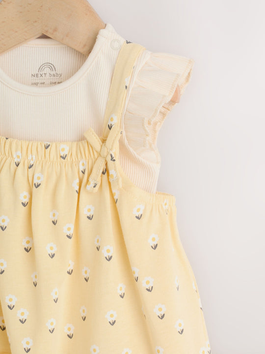 Yellow Ditsy Baby Jersey Dungarees and Bodysuits Set 2 Piece (0mths-3yrs)
