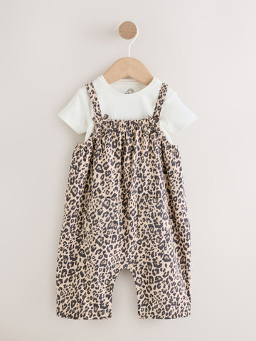 Leopard Print Baby Jersey Dungarees and Bodysuits Set 2 Piece (0mths-3yrs)