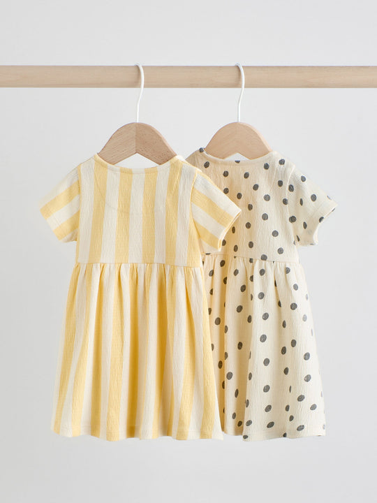 Yellow/Cream Spot/Stripe Baby Short Sleeve Dresse 2 Pack (0mths-3yrs)