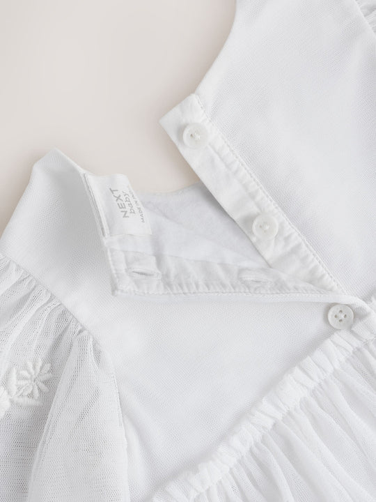 White Occasion Mesh Baby Floral Embroidered Dress (0mths-2yrs)
