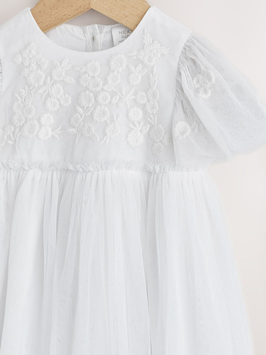 White Occasion Mesh Baby Floral Embroidered Dress (0mths-2yrs)