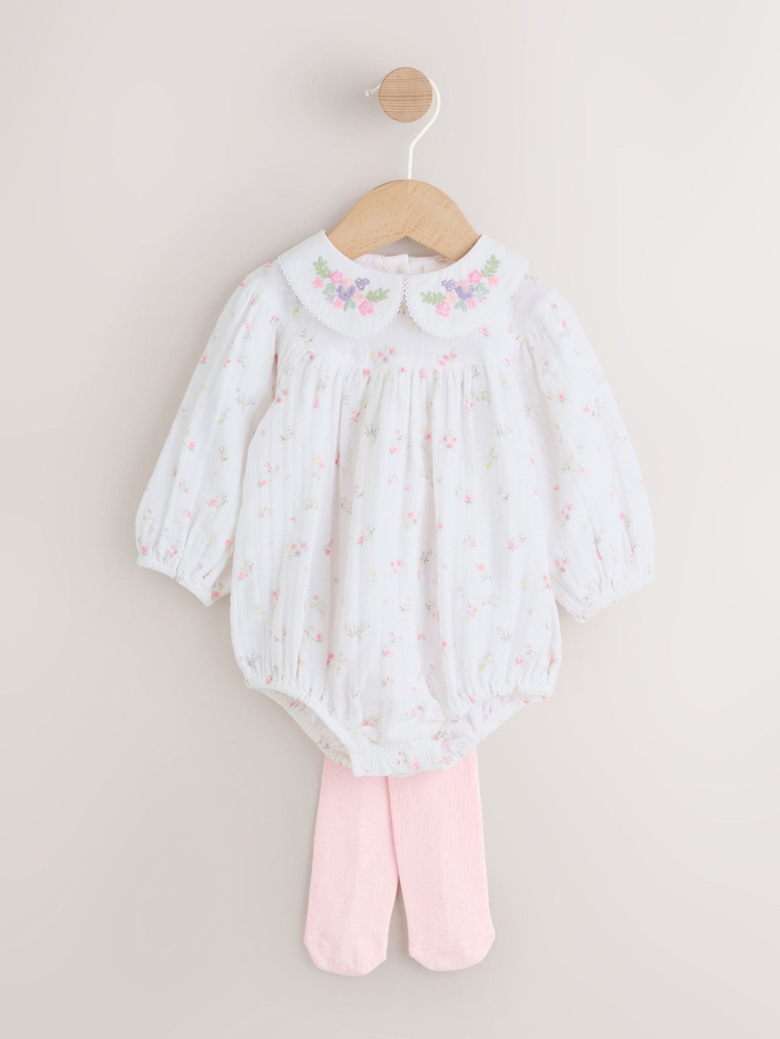 White/Pink Ditsy Baby Bloomer Rompers Set 2 Piece with Tights (0mths-3yrs)