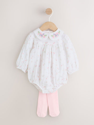 White/Pink Ditsy Baby Bloomer Rompers Set 2 Piece with Tights (0mths-3yrs)