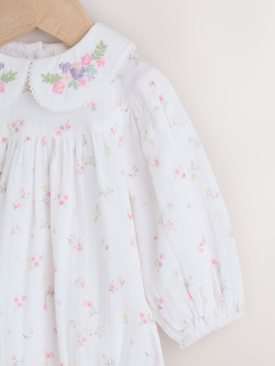 White/Pink Ditsy Baby Bloomer Rompers Set 2 Piece with Tights (0mths-3yrs)