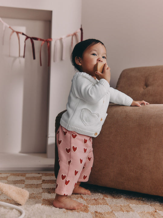 White Heart Pocket Button Through Baby Cardigan (0mths-2yrs)