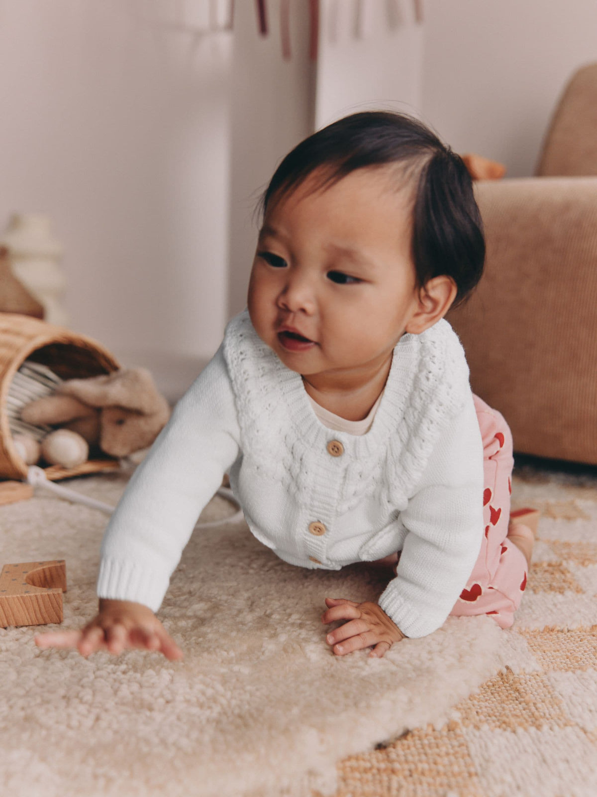 White Heart Pocket Button Through Baby Cardigan (0mths-2yrs)