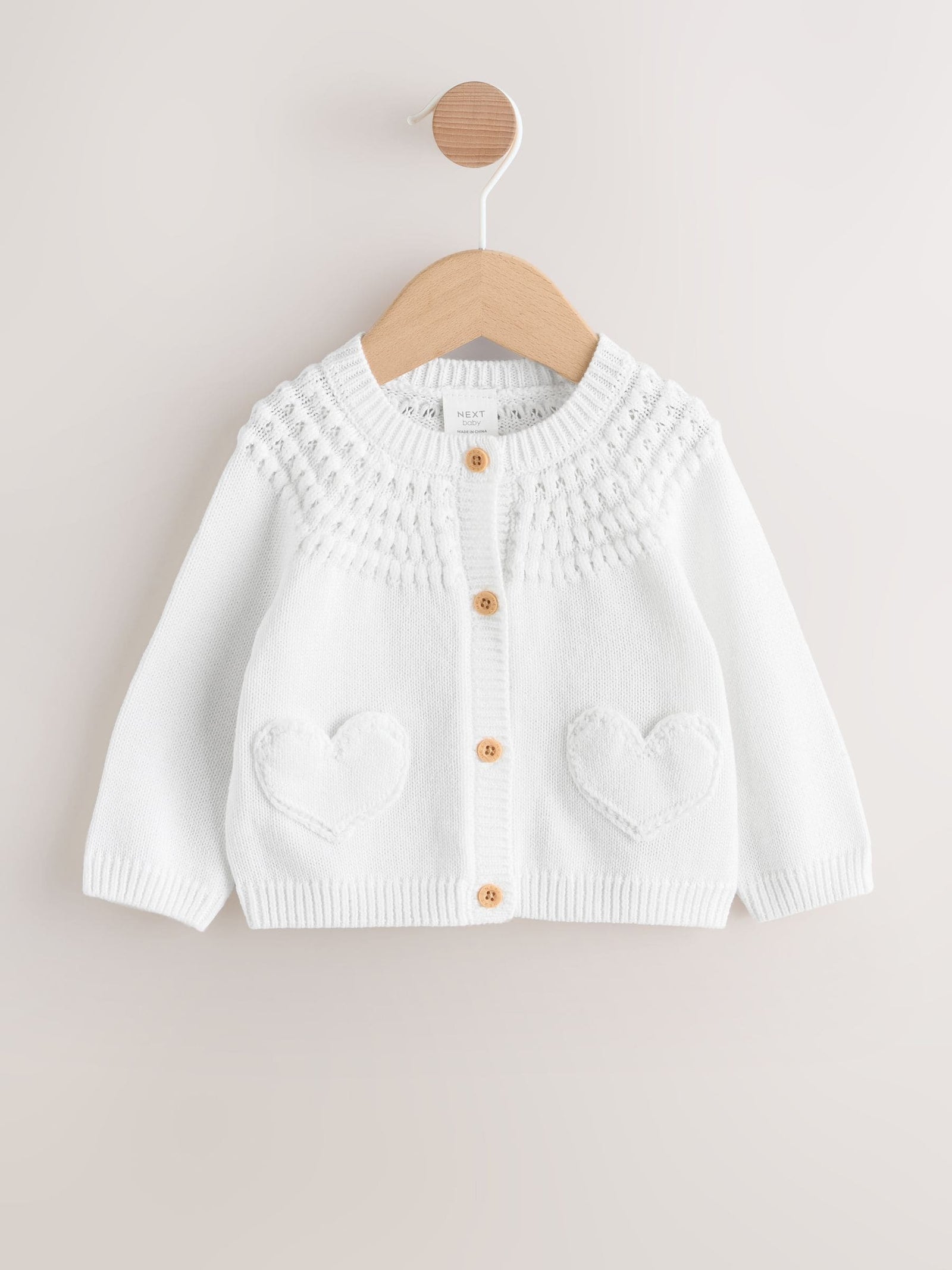 White Heart Pocket Button Through Baby Cardigan immediate