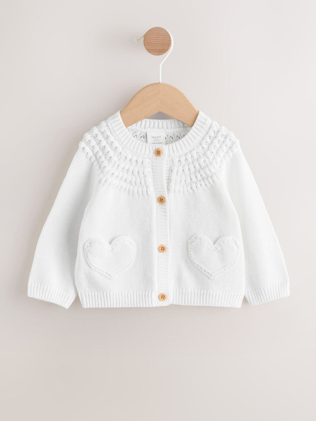 White Heart Pocket Button Through Baby Cardigan (0mths-2yrs)