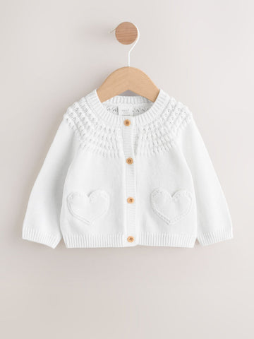 White Heart Pocket Button Through Baby Cardigan (0mths-2yrs)