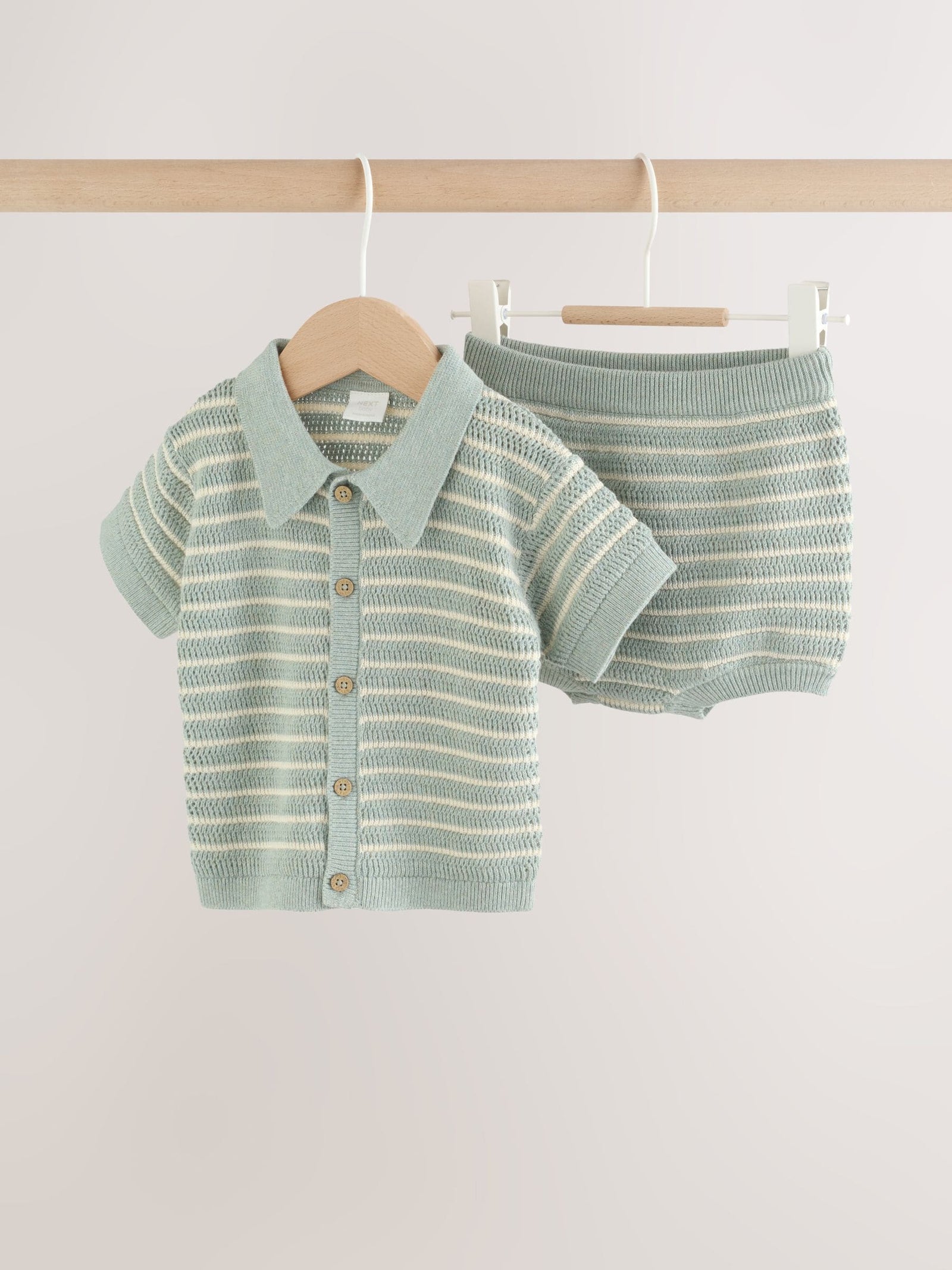 Sage Green Stripe Knitted Top and Shorts Baby Set (0mths-2yrs)