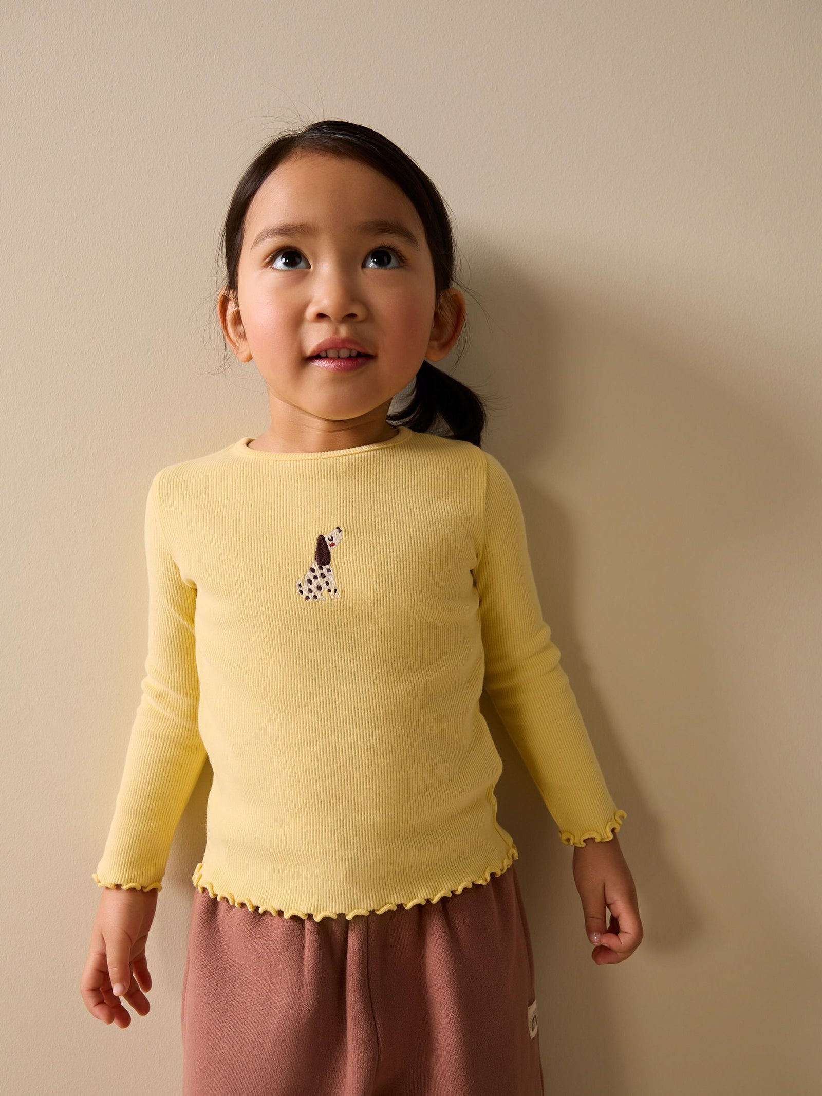 Lemon Yellow Dog Long sleeve Embroidered Ribbed Top (3mths-7yrs)