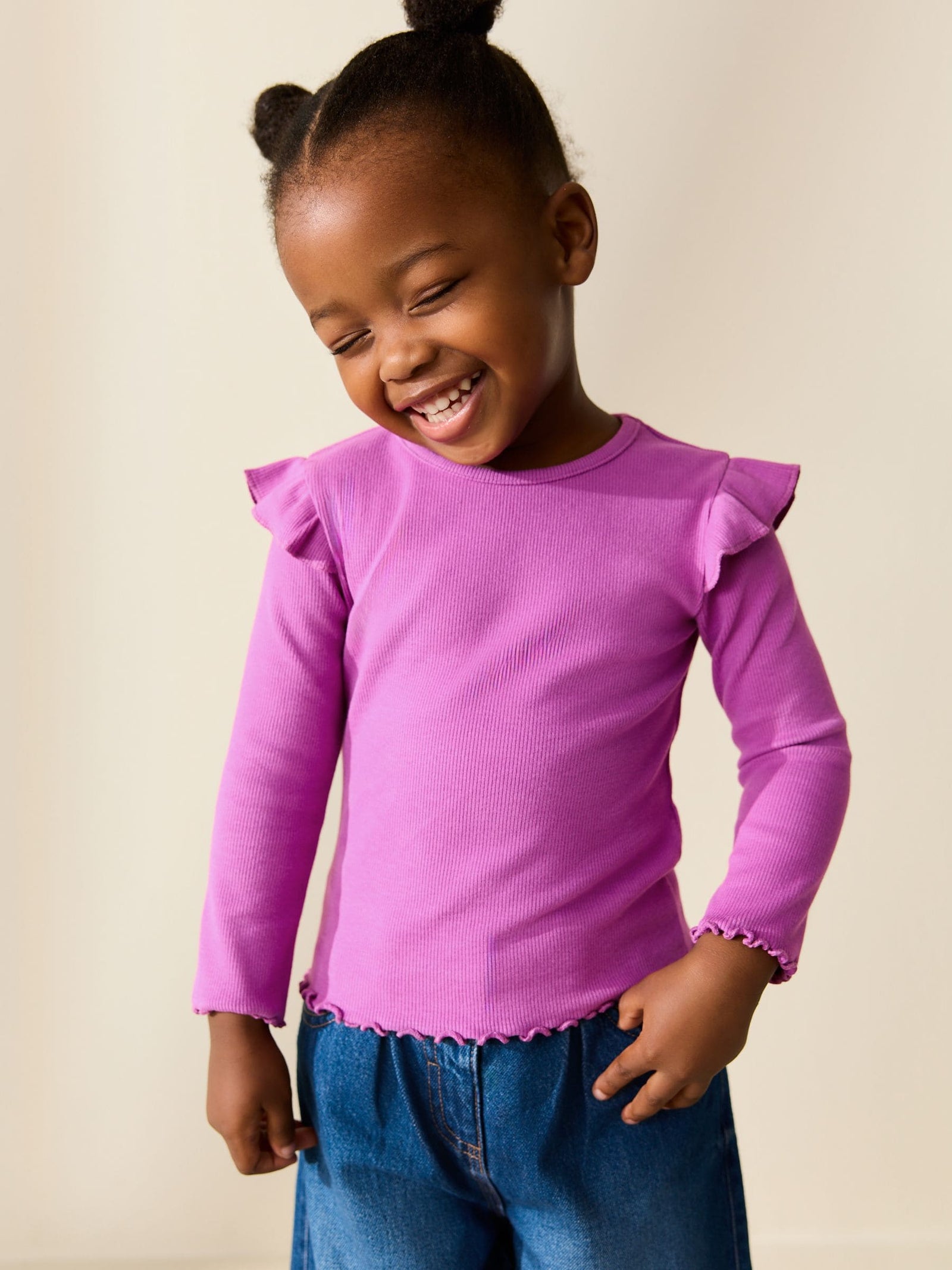 Pink Long Sleeve Ribbed Frill Top (3mths-7yrs)