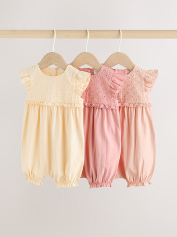 Tonal Pink Broderie 3 Pack Baby Rompers