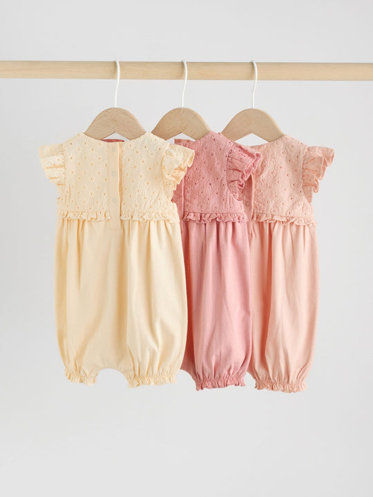 Tonal Pink Broderie 3 Pack Baby Rompers